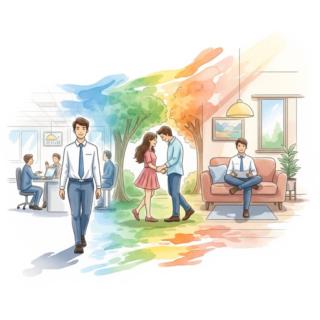  Ilustração de pessoa confiante navegando pelos diferentes aspectos da vida diária