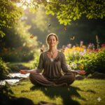"Mulher meditando em jardim sereno simbolizando processo de cura emocional através do perdão"