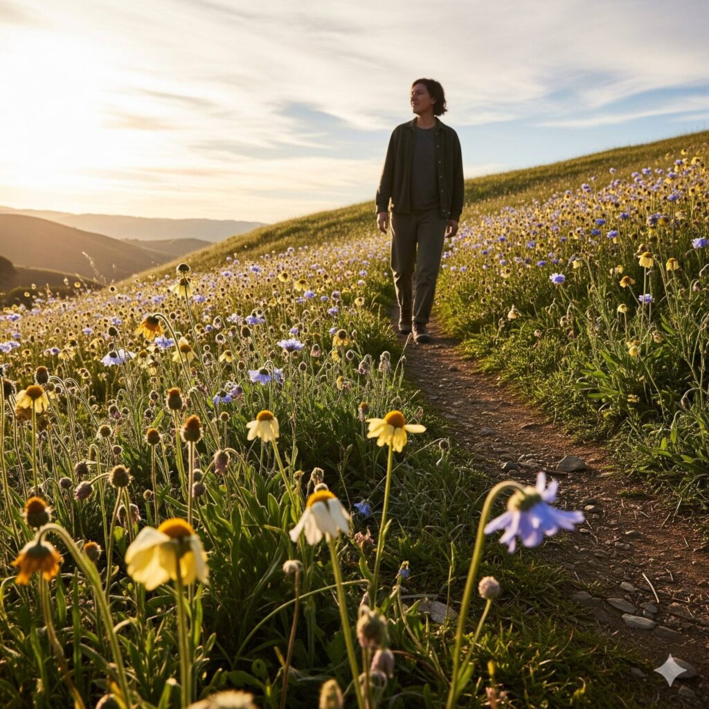 "Pessoa caminhando livremente em trilha com flores imperfeitas simbolizando liberdade do perfeccionismo"