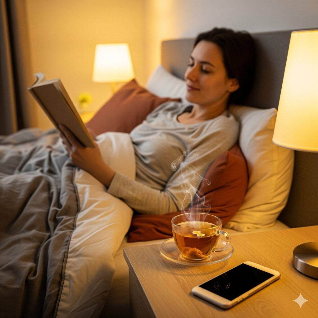  "Ritual noturno relaxante com leitura e chá para melhorar qualidade do sono"
