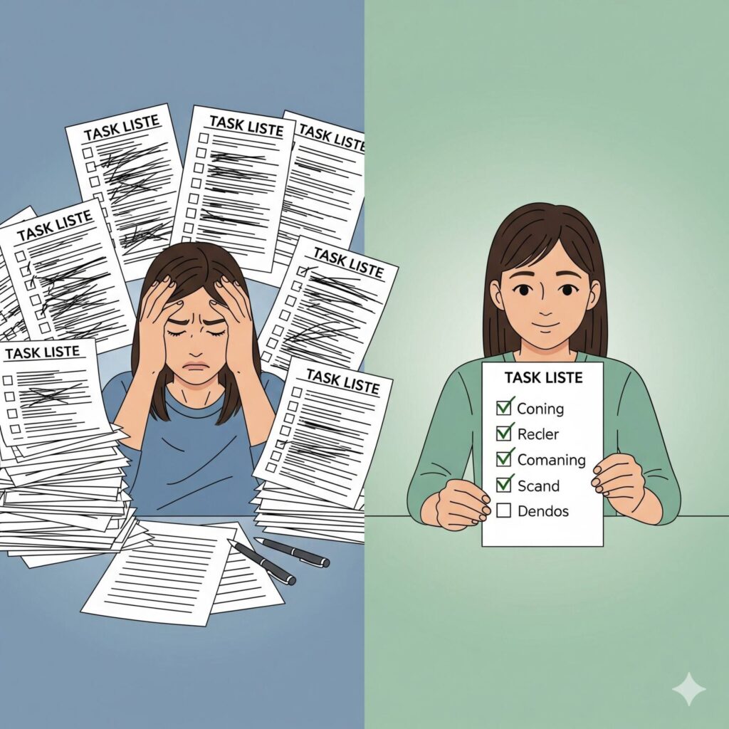 "Comparação entre pessoa estressada com listas excessivas e pessoa tranquila com tarefas simples"