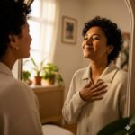 Pessoa sorrindo para si mesma no espelho demonstrando autoestima saudável e amor próprio