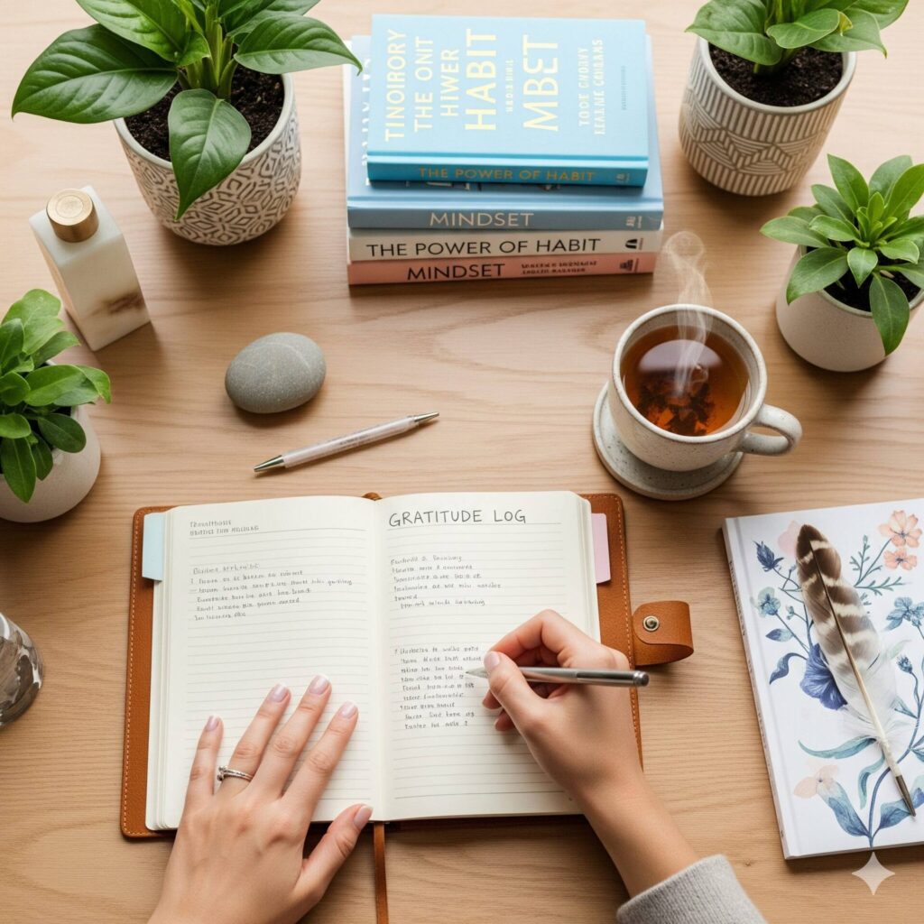 Mesa organizada com diário, plantas e elementos de autocuidado para fortalecer autoestima