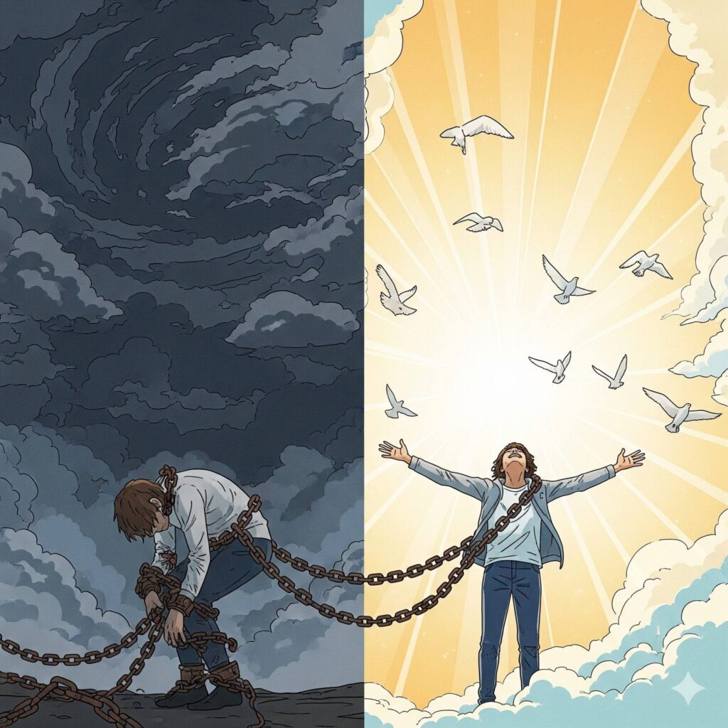 "Comparação visual entre pessoa carregando mágoas e pessoa liberta através do perdão"