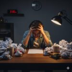 "Pessoa frustrada cercada por papéis amassados representando a paralisia do perfeccionismo"