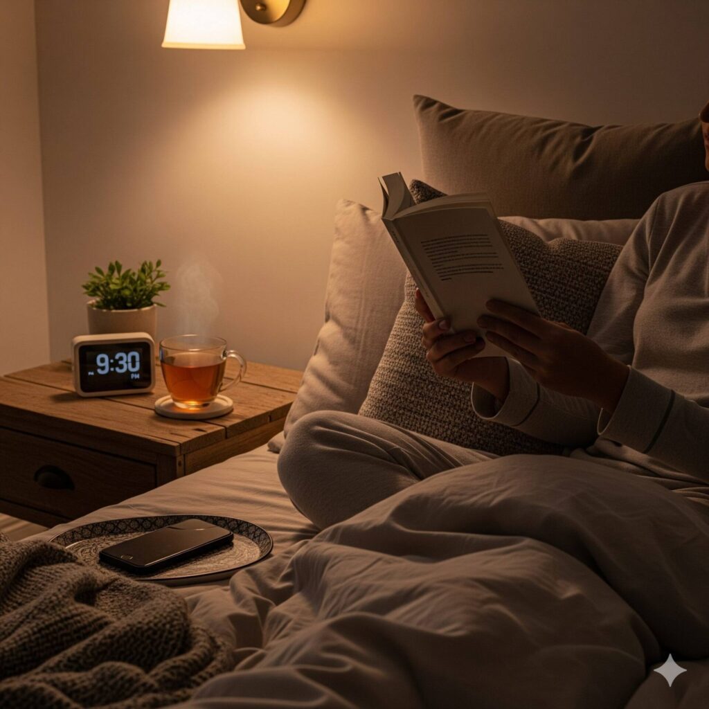 "Rotina noturna saudável com chá, livro e ambiente preparado para uma boa noite de sono"