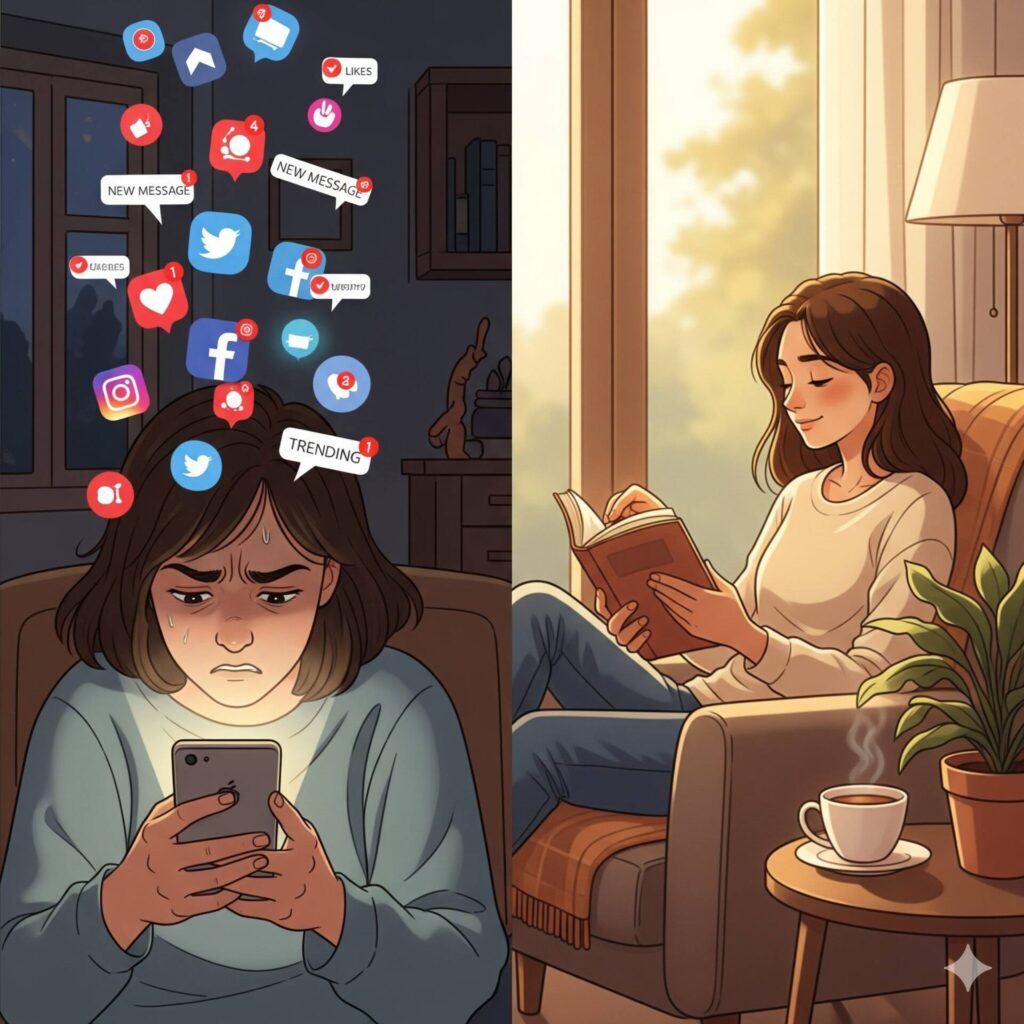  Comparação visual entre pessoa ansiosa nas redes sociais e pessoa tranquila lendo livro