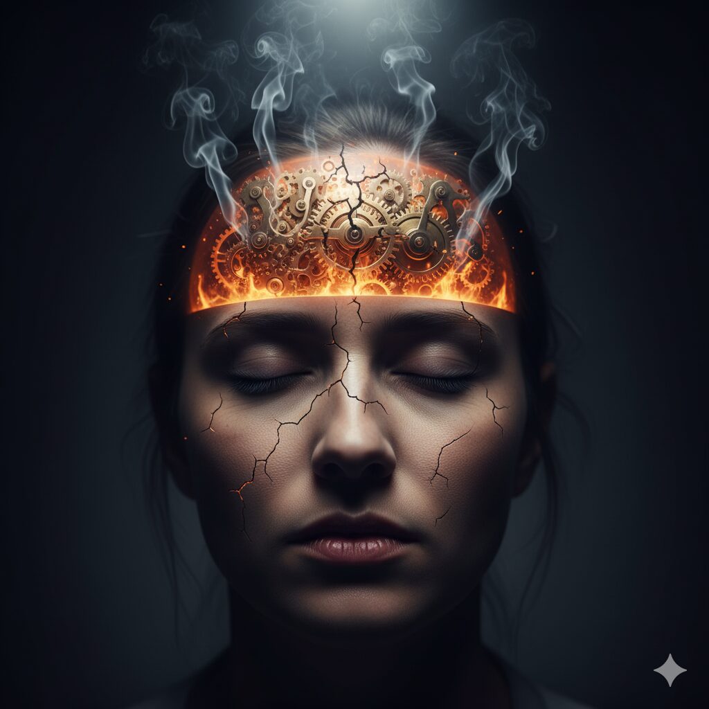Representação visual do esgotamento mental e burnout, com uma engrenagem superaquecida dentro da cabeça de uma pessoa.