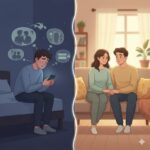 "Ilustração mostrando contraste entre ciúmes patológicos e relacionamento saudável"