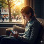 Pessoa jovem olhando celular com expressão preocupada enquanto vida acontece do lado de fora