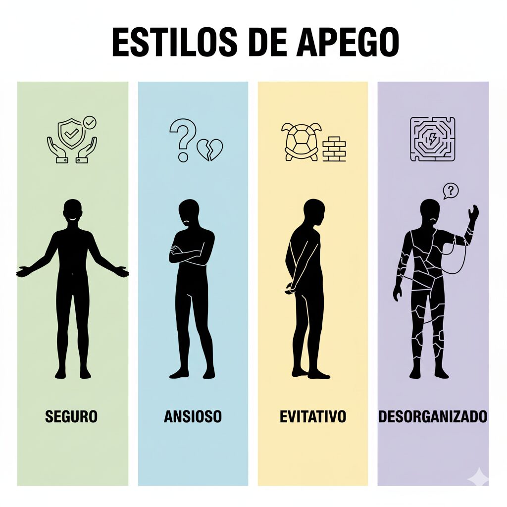 "Ilustração dos quatro tipos de apego e suas características comportamentais"