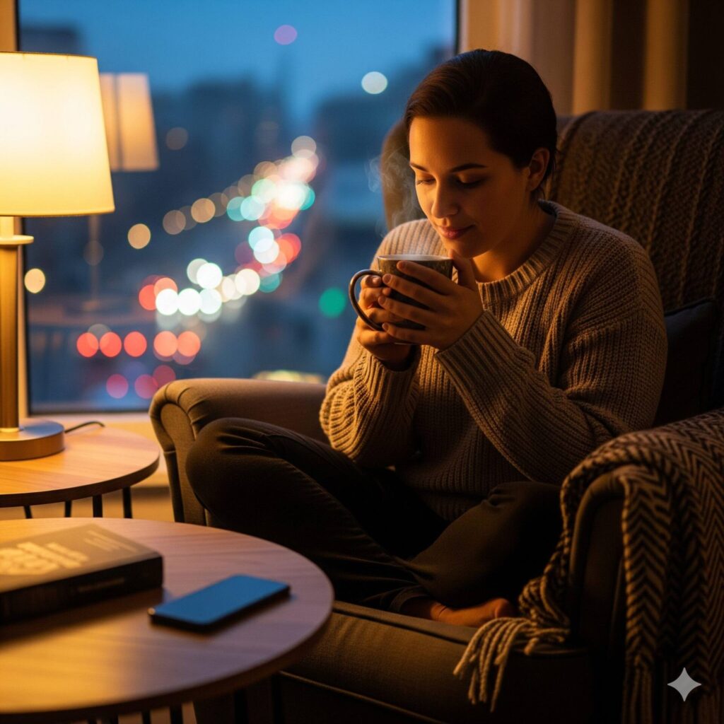 Pessoa relaxada tomando chá com celular virado para baixo, demonstrando tranquilidade