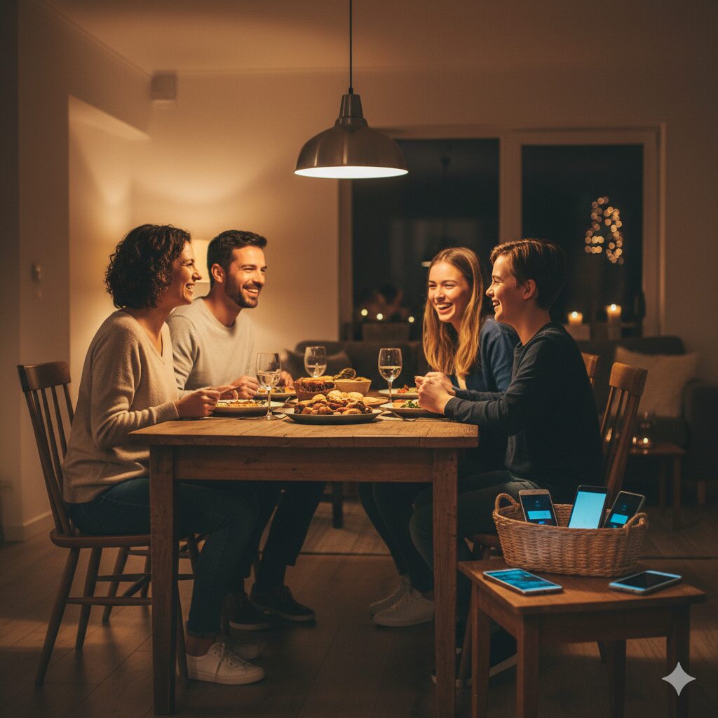 "Família praticando zona livre de celular durante jantar"