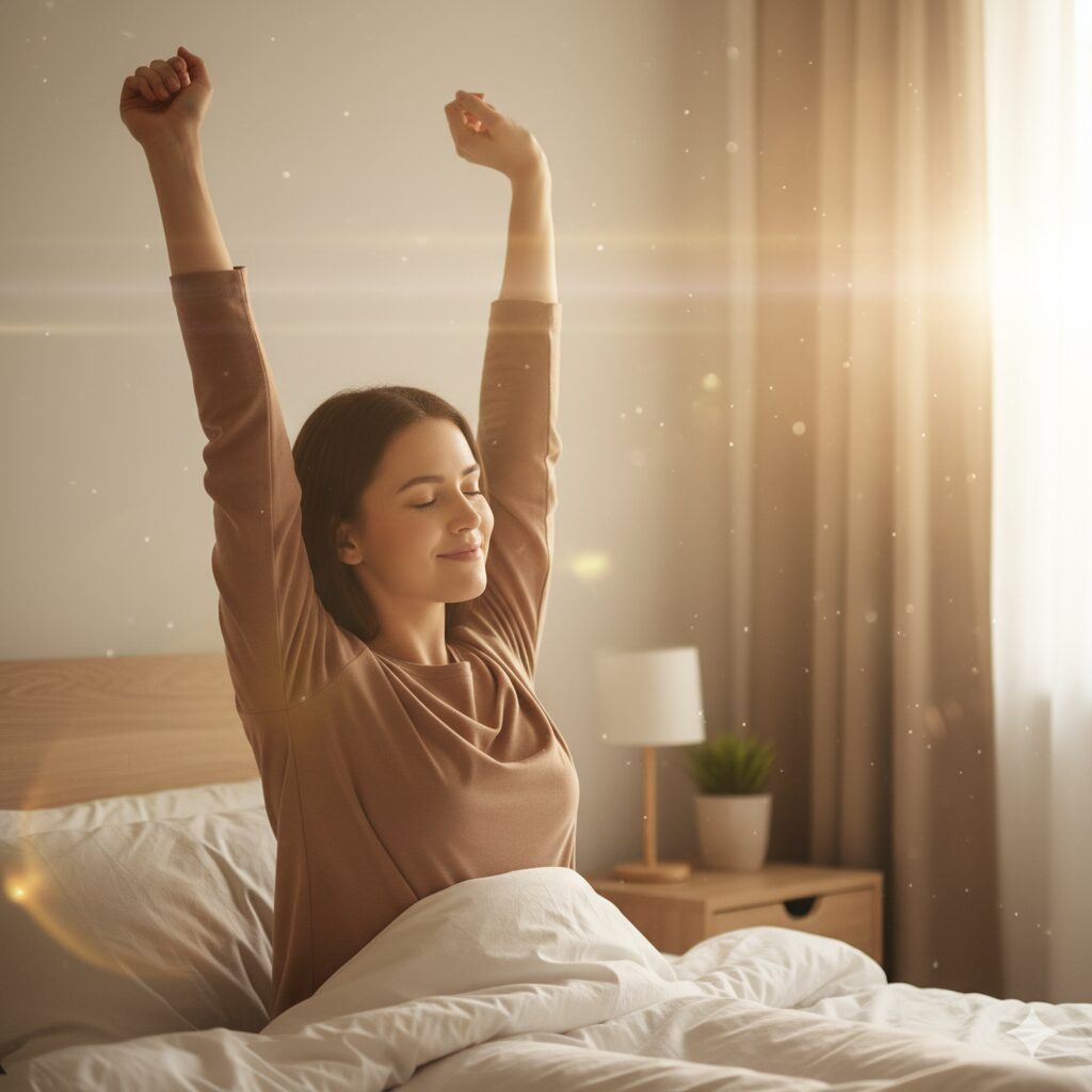 "Pessoa acordando descansada e energizada após noite de sono reparador sem pesadelos"