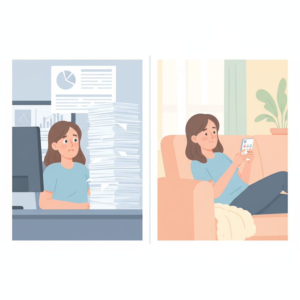 Ilustração mostrando contraste entre pessoa paralisada diante de tarefa difícil versus pessoa relaxada fazendo atividades fáceis