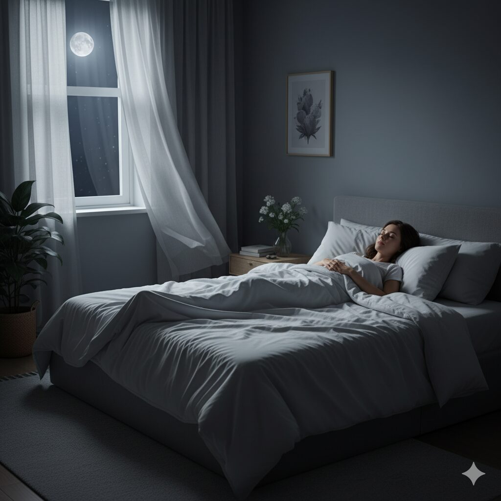 "Pessoa dormindo tranquilamente em quarto aconchegante - representando noites de sono reparador"