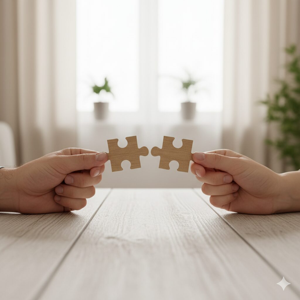  Mãos de um casal montando um quebra-cabeça, simbolizando a construção do relacionamento.