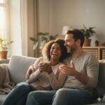 Inteligência emocional no relacionamento com um casal feliz conversando no sofá.