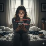 "Adolescente triste olhando celular com mensagens de cyberbullying no quarto"