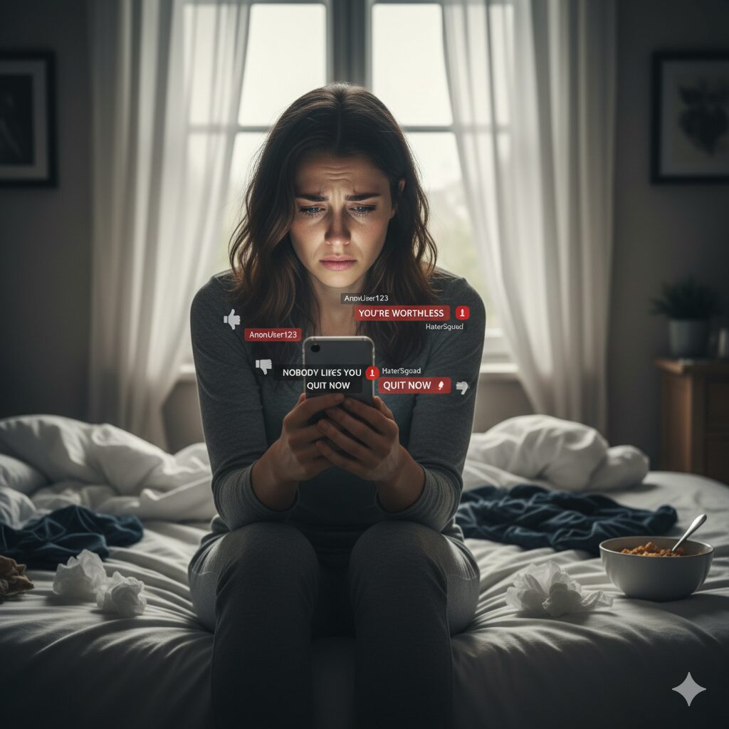 "Adolescente triste olhando celular com mensagens de cyberbullying no quarto"