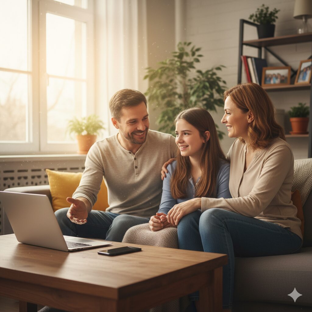 "Família conversando sobre segurança digital e prevenção do cyberbullying"