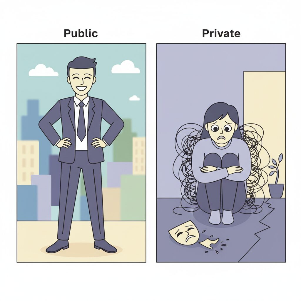 "Contraste entre aparência confiante em público e insegurança privada na síndrome do impostor"