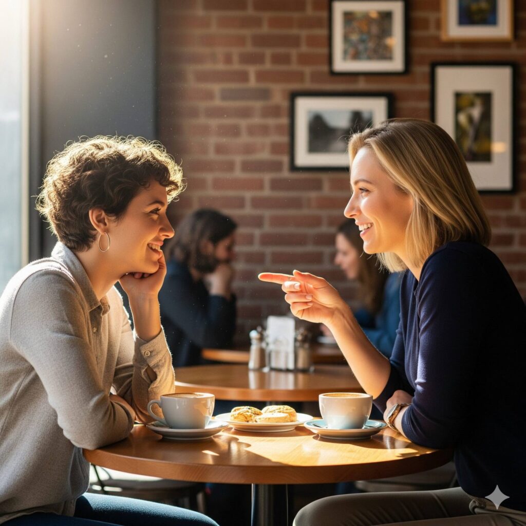 Dois amigos conversando de forma genuína em café sem celulares presentes