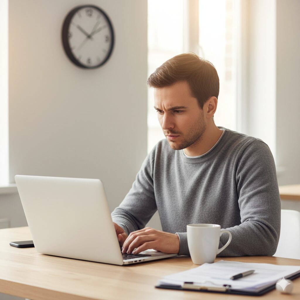 Pessoa contemplando laptop aberto em mesa organizada, representando o momento de hesitação antes de começar uma tarefa importante