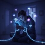 Pessoa demonstrando sinais de vício em redes sociais presa por correntes digitais ao smartphone