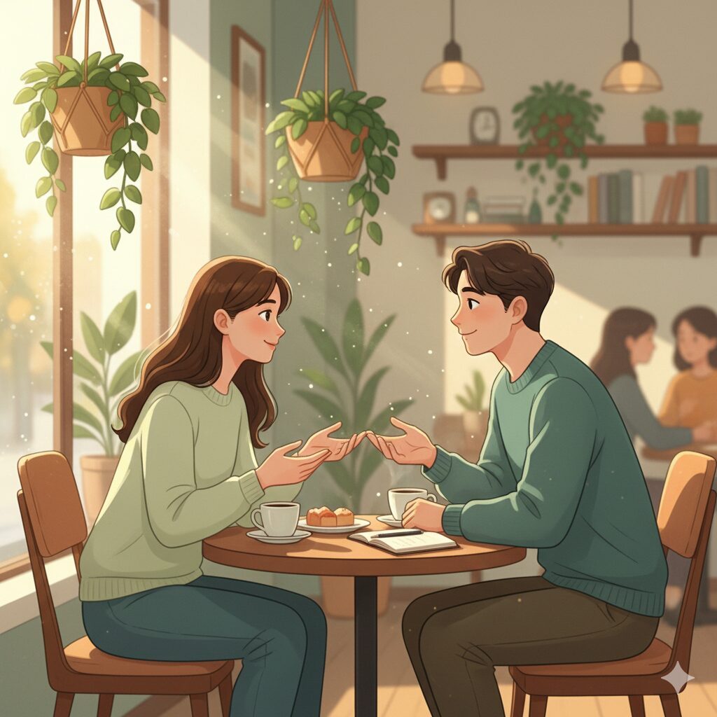 "Casal conversando de forma saudável representando comunicação consciente nos relacionamentos"