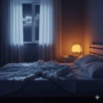 "Quarto tranquilo à noite com cama desarrumada e luz suave, representando a luta contra a insônia"