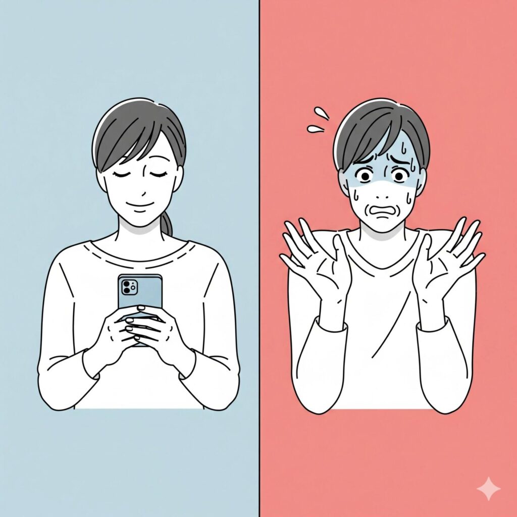 "Comparação visual dos sintomas físicos com e sem celular"