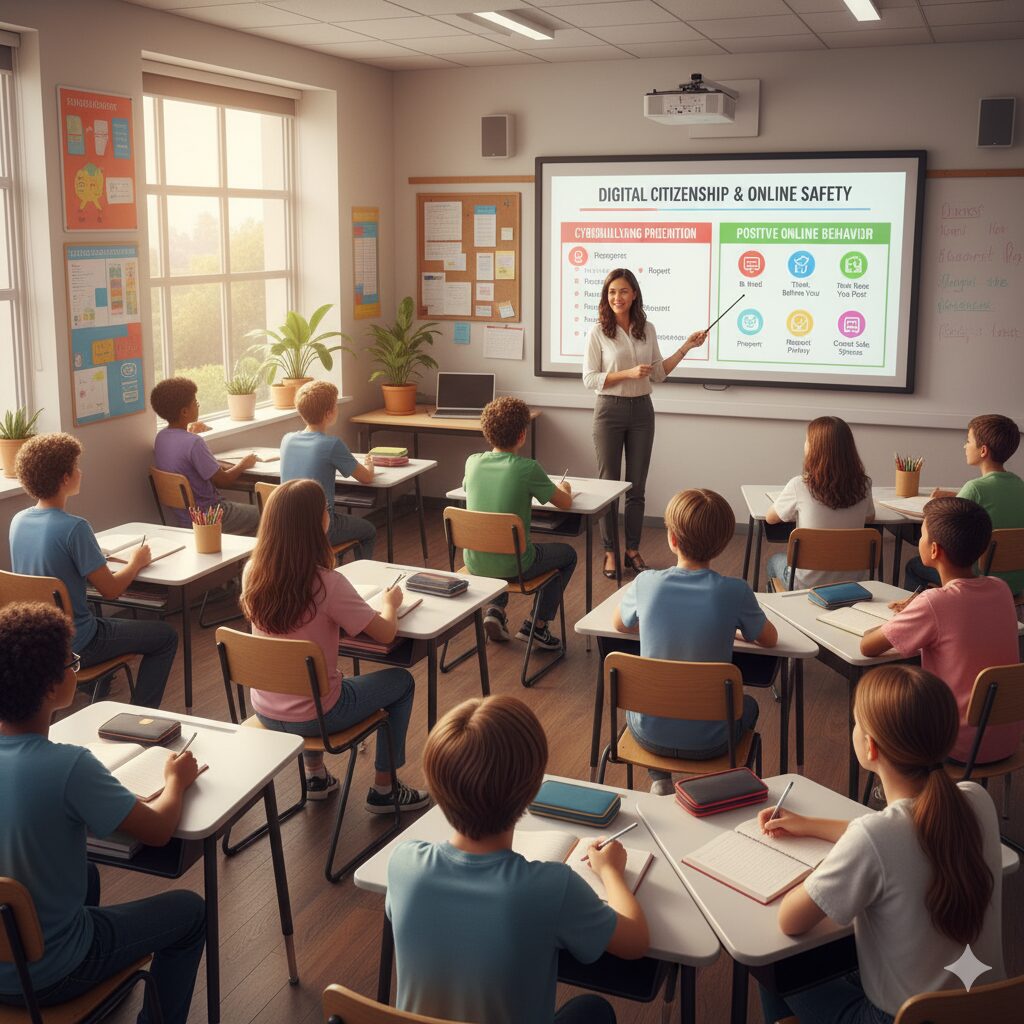 "Professora ensinando estudantes sobre prevenção do cyberbullying na escola"