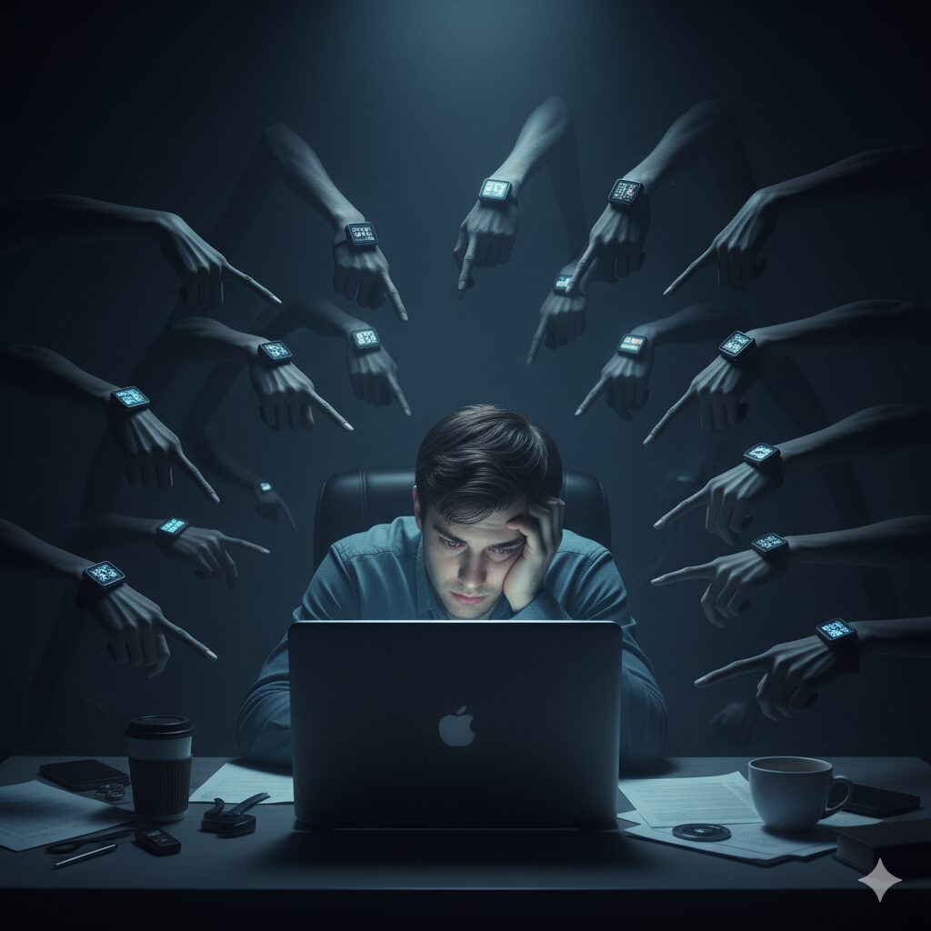 Ilustração de uma pessoa exausta pela pressão do trabalho e da tecnologia na sociedade do cansaço.