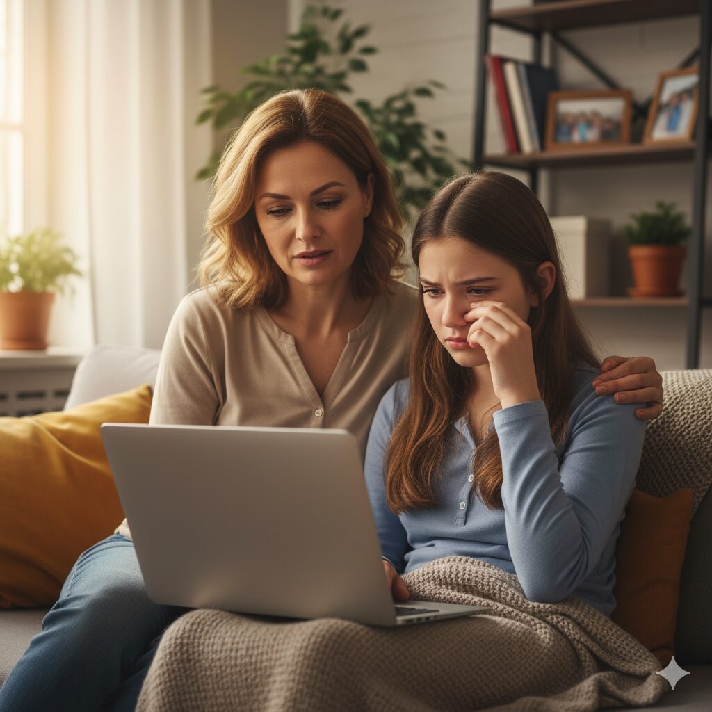 "Mãe preocupada observando sinais de cyberbullying em filho adolescente"
