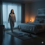 "Pessoa caminhando durante episódio de sonambulismo em quarto iluminado pela lua"