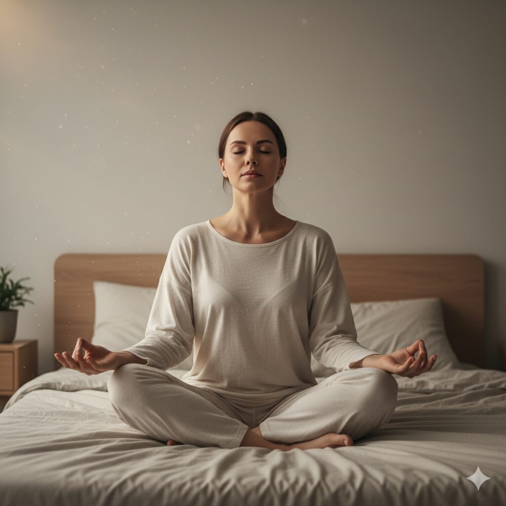 "Mulher praticando técnicas de relaxamento e meditação no quarto antes de dormir"