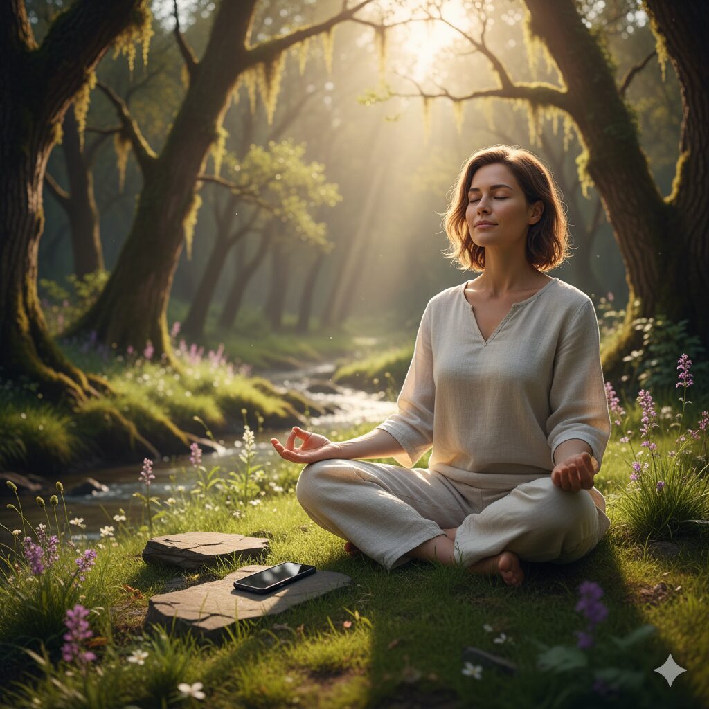 "Pessoa meditando ao ar livre com celular desligado ao lado"