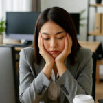 "Pessoa com sonolência diurna no trabalho demonstrando cansaço excessivo"