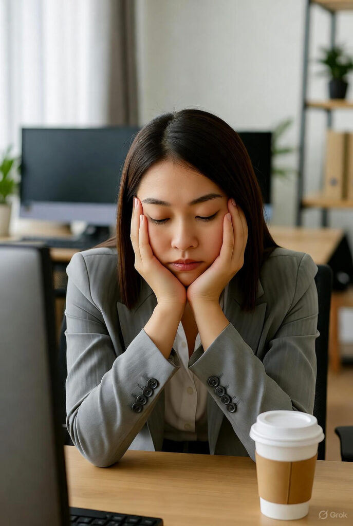 "Pessoa com sonolência diurna no trabalho demonstrando cansaço excessivo"