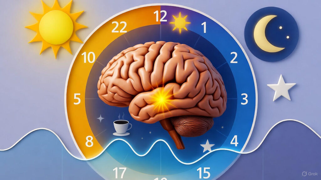 `Diagrama do ritmo circadiano mostrando produção de melatonina pela glândula pineal ao longo de 24 horas`