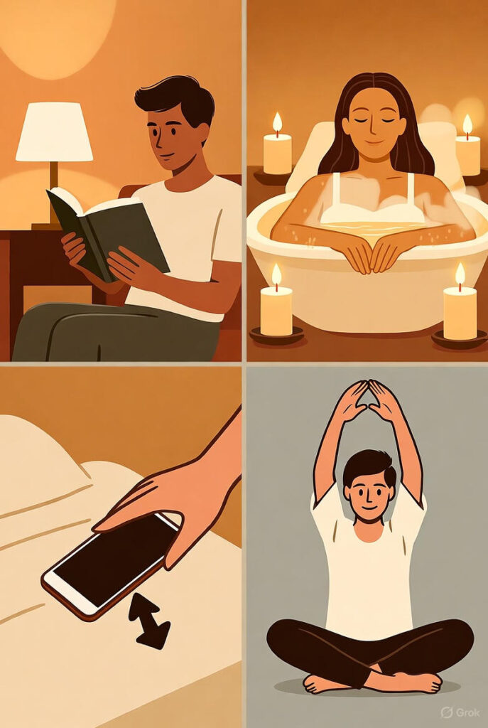 "Ilustração de rotina relaxante antes de dormir para prevenir episódios de paralisia do sono"
