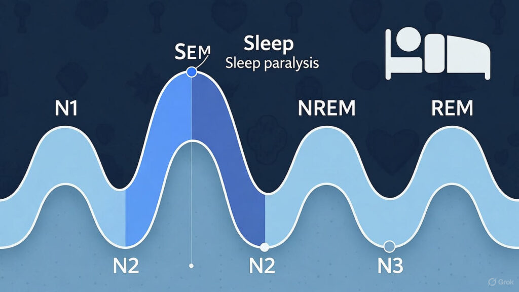 "Infográfico mostrando os ciclos do sono e as fases REM onde pode ocorrer a paralisia noturna"