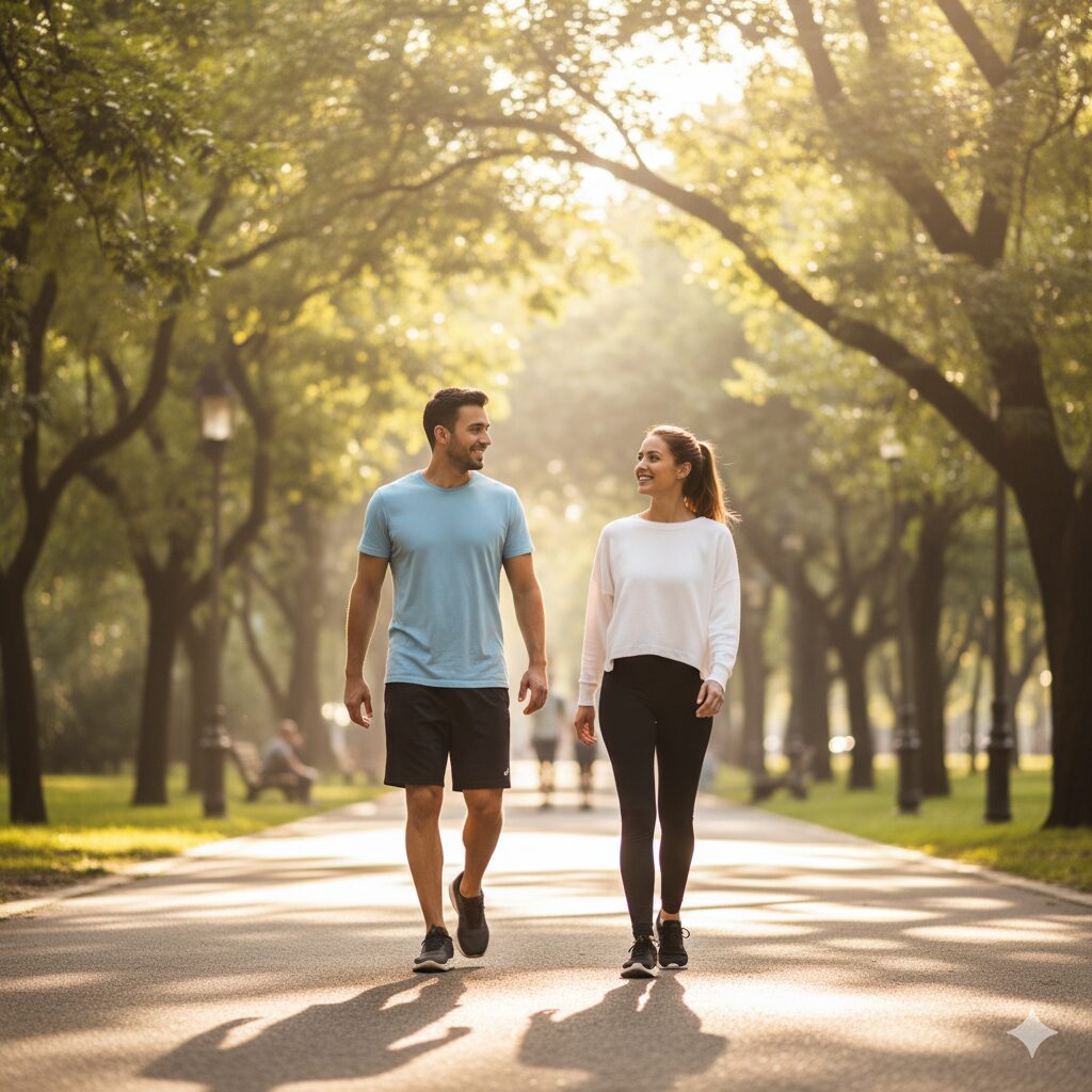 "Pessoas caminhando ao ar livre praticando atividade física para recuperar saúde após isolamento social"