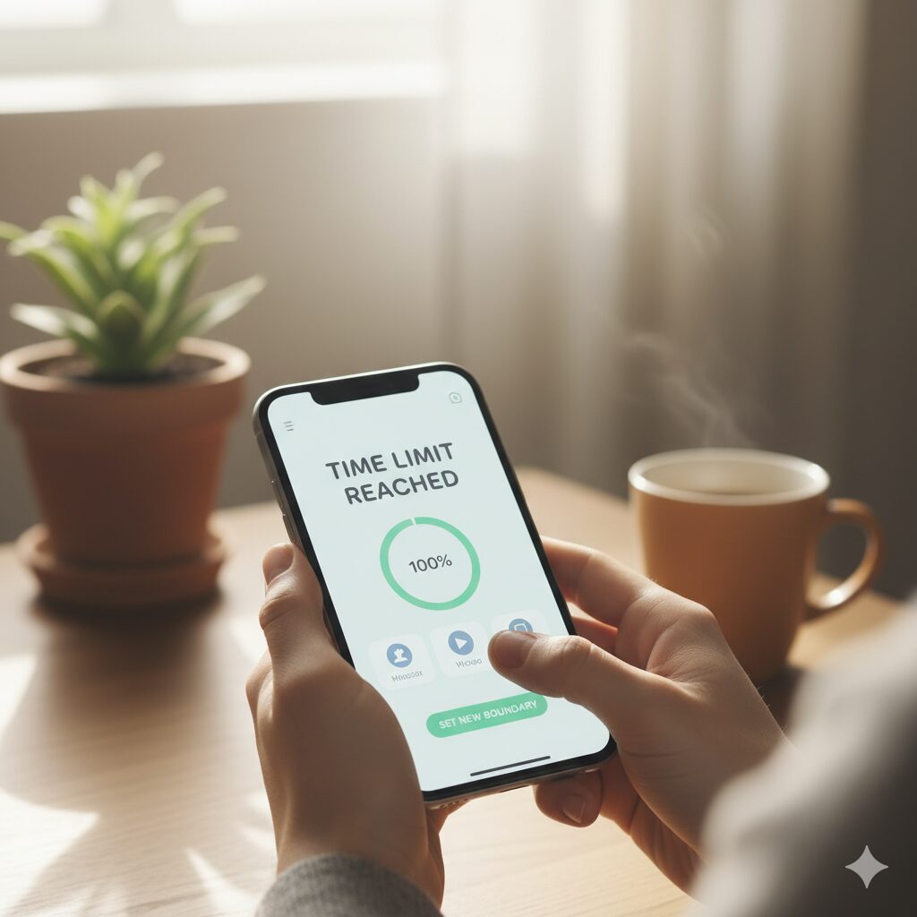 Pessoa configurando limites de tempo no smartphone para uso saudável de redes sociais e proteção da autoestima