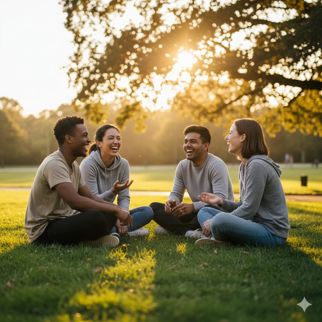 Grupo de amigos conversando pessoalmente mostrando conexões reais que fortalecem autoestima saudável