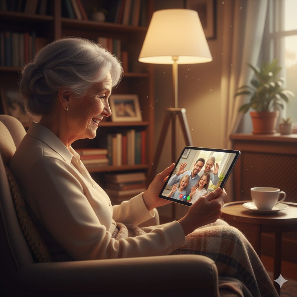 "Idoso fazendo videochamada com família mantendo vínculos afetivos durante pandemia e isolamento"
