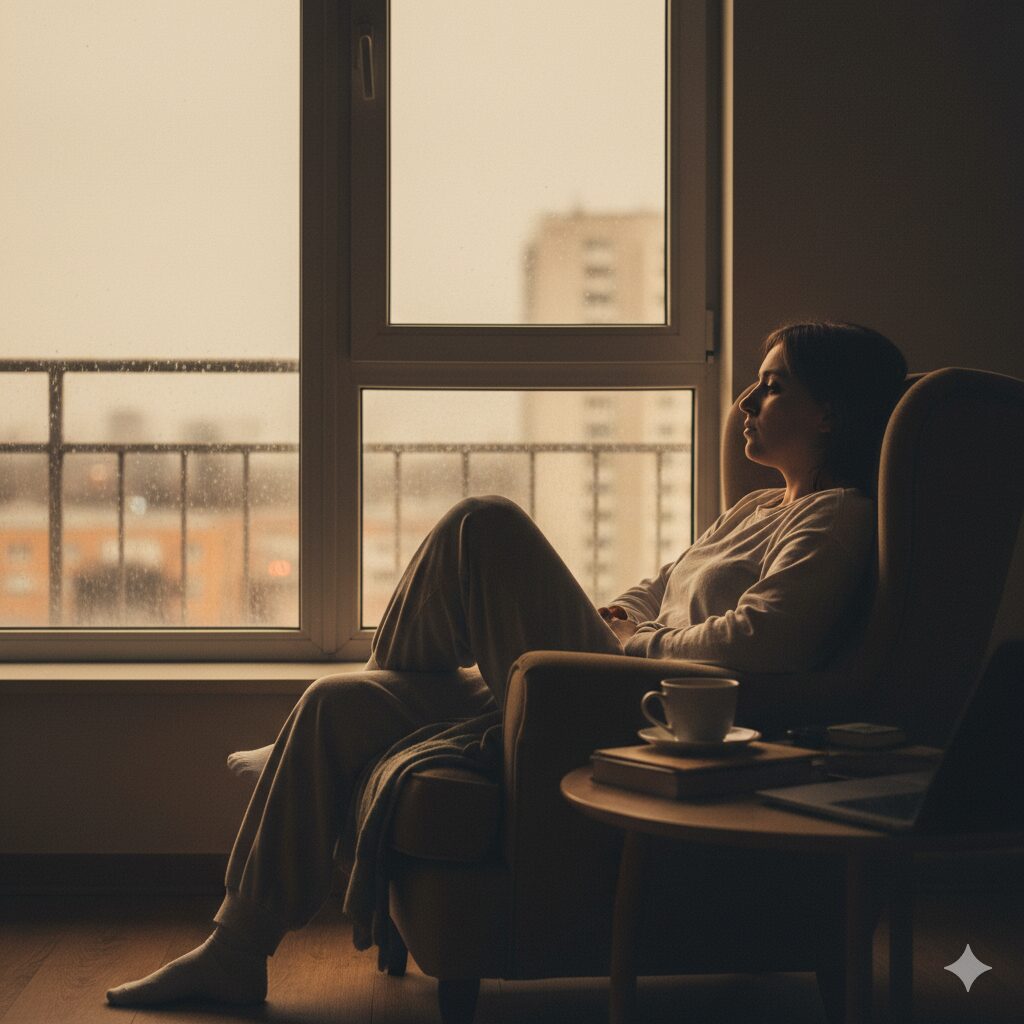 "Pessoa pensativa olhando pela janela durante isolamento social na pandemia refletindo sobre saúde mental"