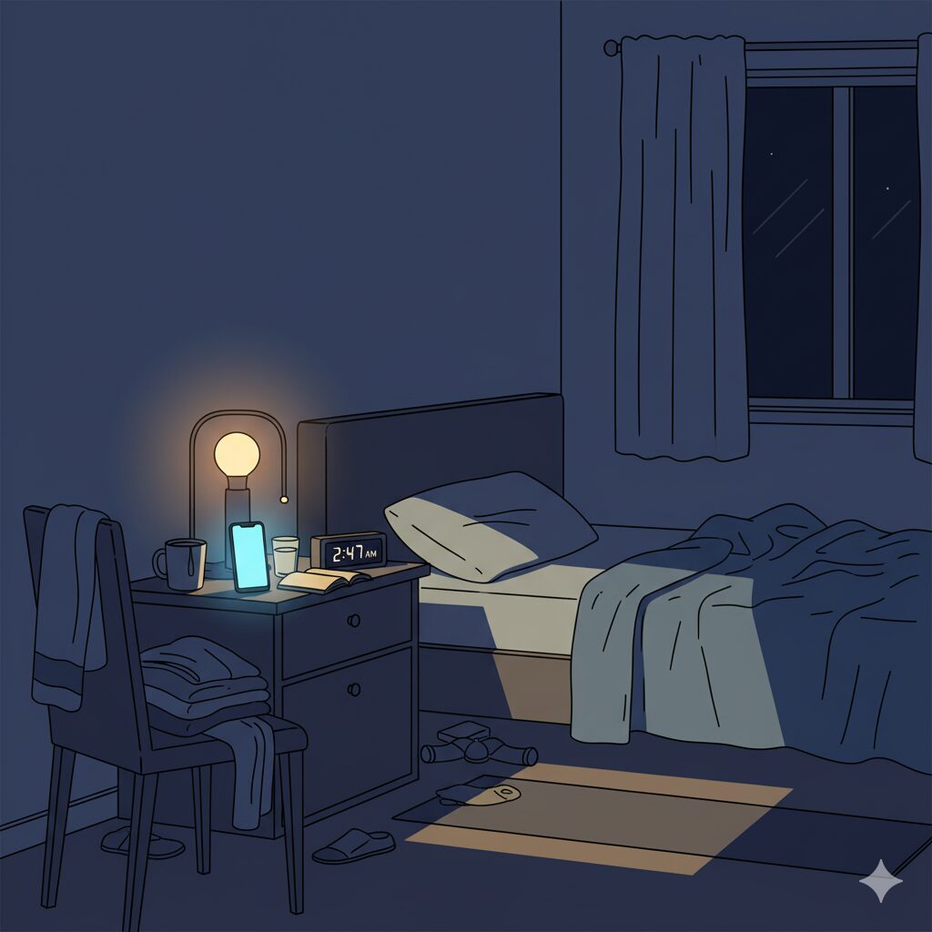 "Ilustração de quarto à noite mostrando vilões do sono como celular iluminado, café e ambiente inadequado que prejudicam o descanso"

