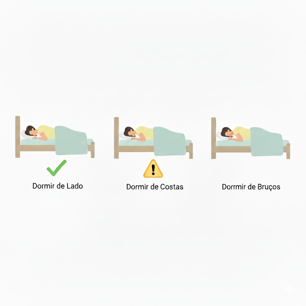Diagrama ilustrativo das melhores posições para dormir e evitar paralisia do sono, destacando a posição de lado"